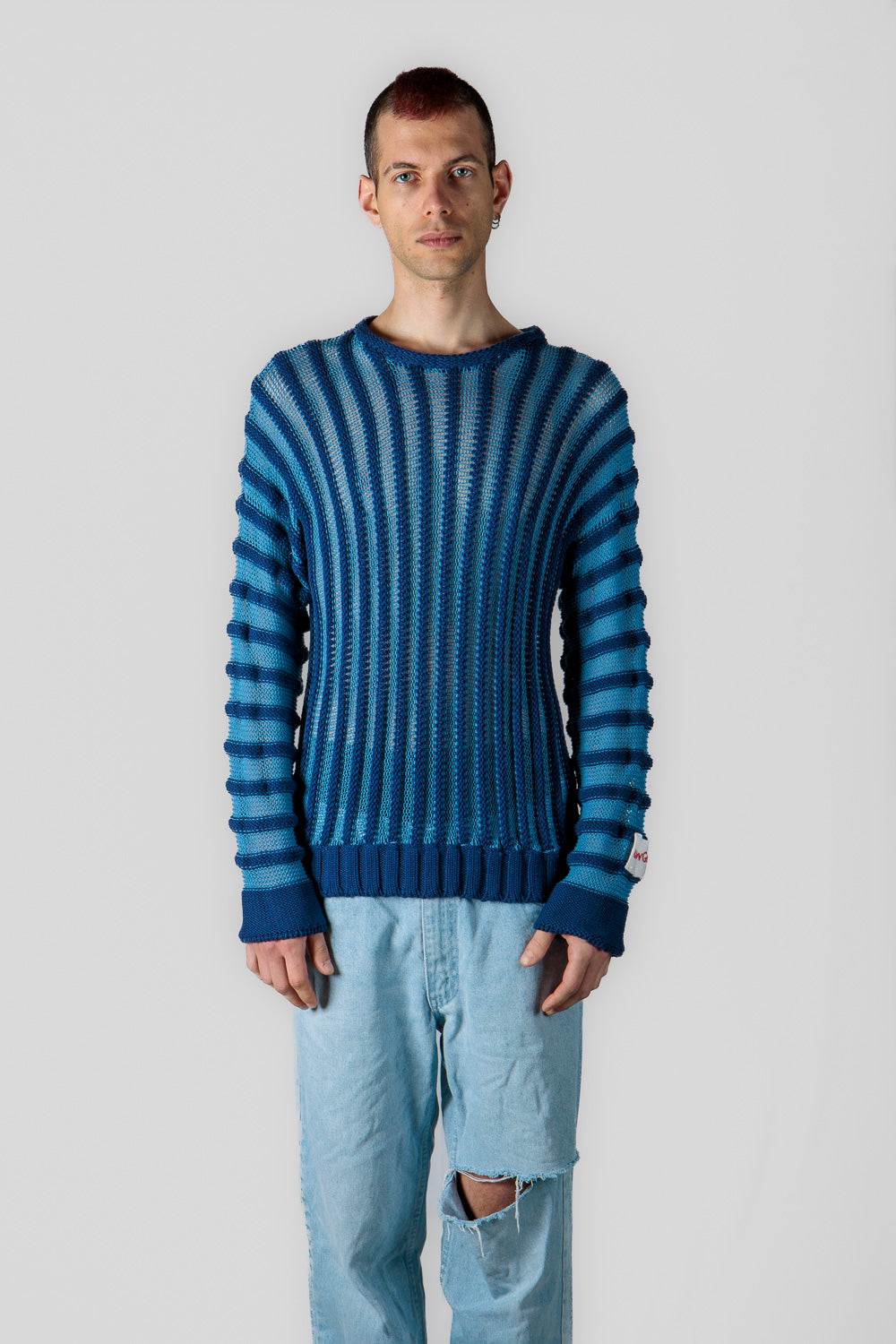 Embossed striped knit top - blue