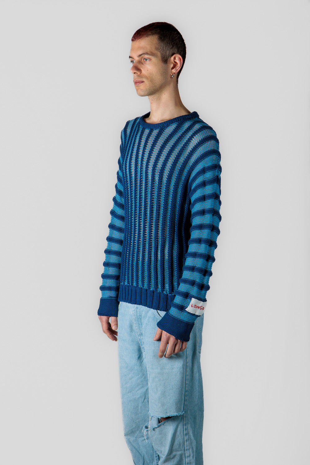 Embossed striped knit top - blue