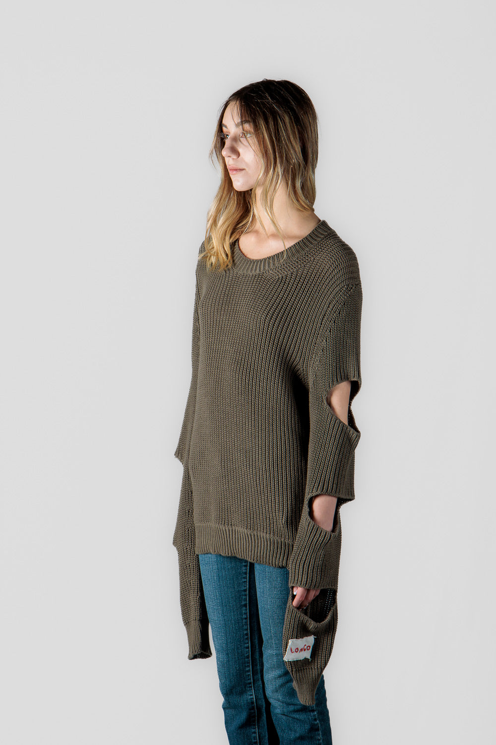 Crewneck sweater - kaki with sleeve slits